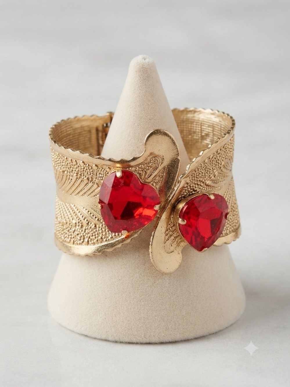 Vintage Gold-Tone Mesh Cuff Bracelet with Red Crystal Heart Stones